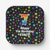 7誕生日:おもしろいスター柄と虹「7」 ペーパープレート (正面)