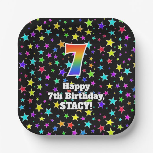 7誕生日:おもしろいスター柄と虹「7」 ペーパープレート (正面)