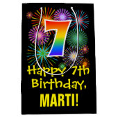 7誕生日:おもしろい花火パターン+虹7 ミディアムペーパーバッグ (正面)