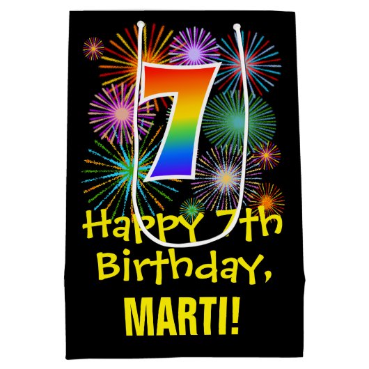 7誕生日:おもしろい花火パターン+虹7 ミディアムペーパーバッグ (裏面)
