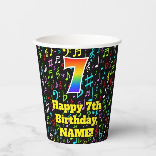 7誕生日:おもしろい音符パターン、レインボー7 紙コップ (正面)
