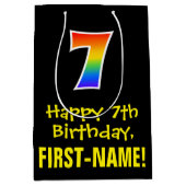 7誕生日:おもしろい、はっきりした、カラフルレインボー「7」 ミディアムペーパーバッグ (正面)