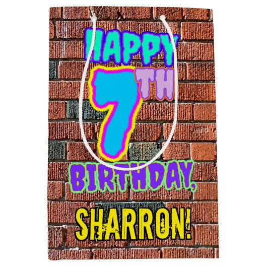 7誕生日:おもしろい、アーバングラフィティインスパイアルック ミディアムペーパーバッグ (正面)