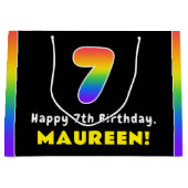 7誕生日:カラフルレインボー7、名前をカスタムする ラージペーパーバッグ (正面)