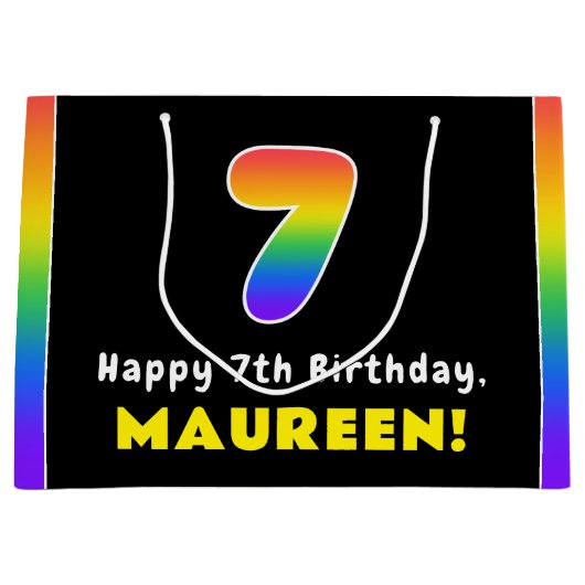 7誕生日:カラフルレインボー7、名前をカスタムする ラージペーパーバッグ (正面)