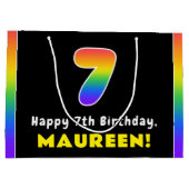 7誕生日:カラフルレインボー7、名前をカスタムする ラージペーパーバッグ (裏面)