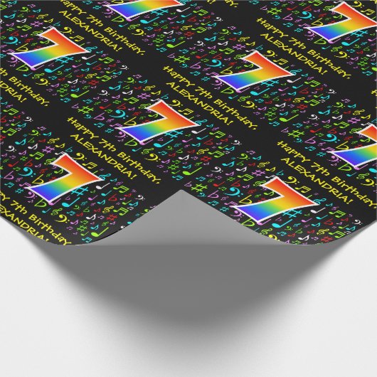 7誕生日:カラフル音楽シンボル、虹7 ラッピングペーパー (角)