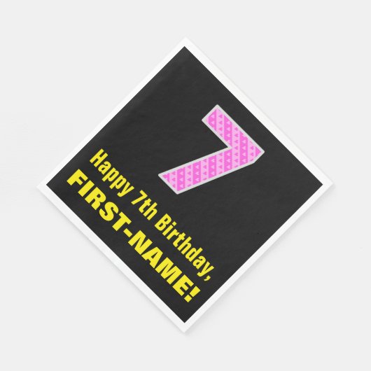 7誕生日：ピンクストライプのハートと「7」 +名前 スタンダードランチョンナプキン (角)