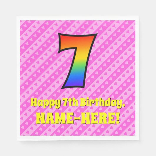 7誕生日:ピンクストライプのハート、レインボー7 スタンダードランチョンナプキン (正面)