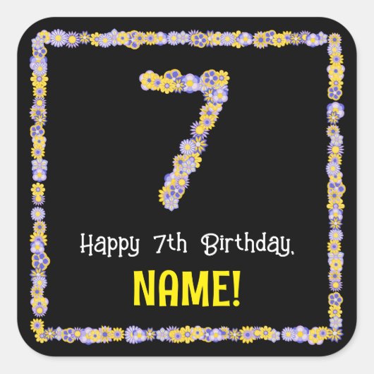 7誕生日:フローラ花数名前をカスタムする スクエアシール (正面)