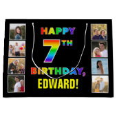 7誕生日：レインボー文字カスタム、写真&名前 ラージペーパーバッグ (正面)