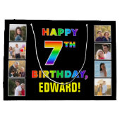 7誕生日：レインボー文字カスタム、写真&名前 ラージペーパーバッグ (裏面)