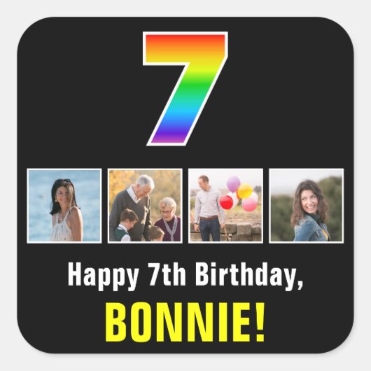 7誕生日：レインボー「7」；写真カスタムと名前 スクエアシール (正面)