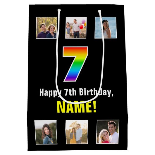 7誕生日：レインボー「7」、写真カスタムと名前 ミディアムペーパーバッグ (裏面)