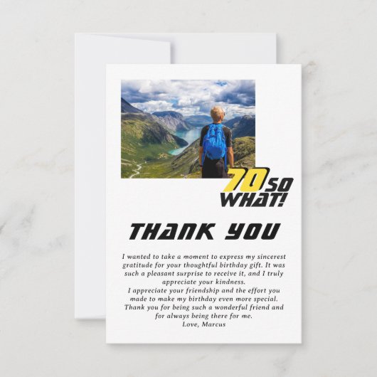 70おもしろいだから何引用文写真70誕生日 サンキューカード (正面)