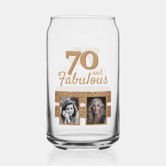 70でファビュラス ゴールドラメ 2枚の写真で作る70歳の誕生日 ガラス缶 (正面)