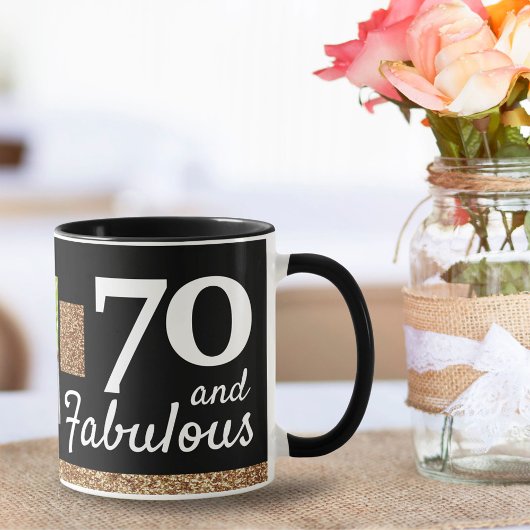 70でファビュラス ゴールドラメ 2枚の写真入り 70歳の誕生日 マグカップ