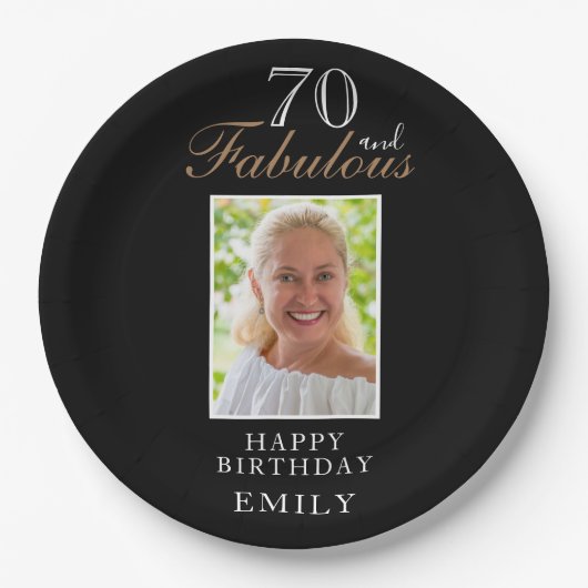 70と素晴らしいエレガントスクリプト写真70誕生日 ペーパープレート (正面)