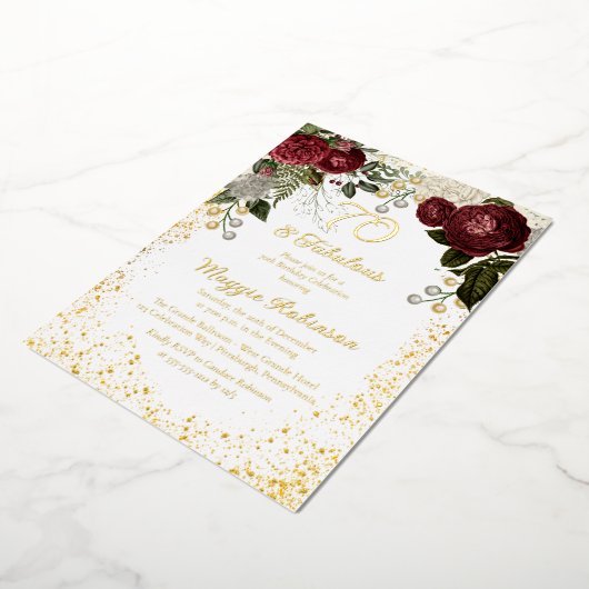 70と素晴らしいグラムバラフローラ誕生日パーティー 箔招待状 (回転した状態)