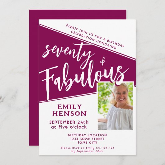 70と素晴らしいスクリプトマゼンタフォト70誕生日 招待状 (正面/裏面)