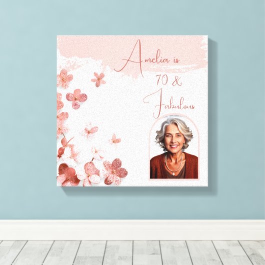 70と素晴らしいピンクのグリッター花フォト誕生日 キャンバスプリント (インサイチュ (ウッドフロア))