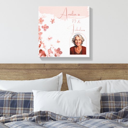70と素晴らしいピンクのグリッター花フォト誕生日 キャンバスプリント (インサイチュ (寝室))