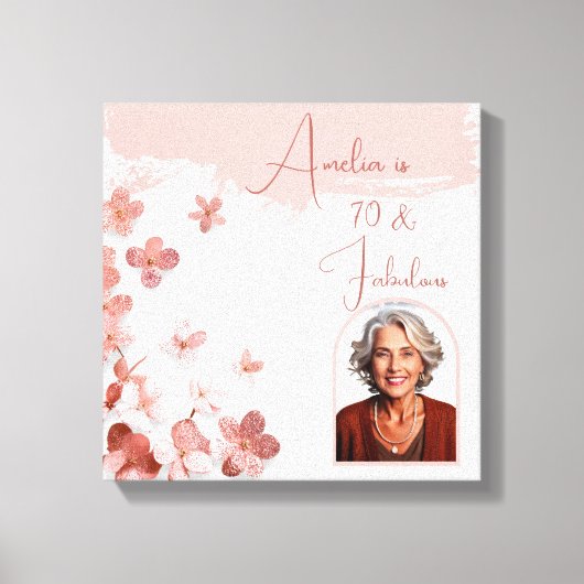 70と素晴らしいピンクのグリッター花フォト誕生日 キャンバスプリント (正面)