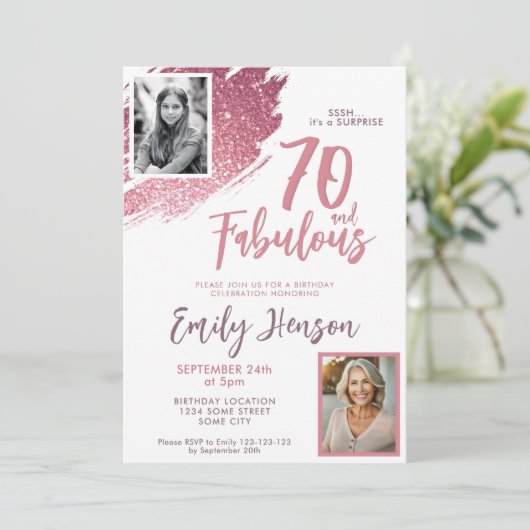 70と素晴らしいピンクのグリッター2写真70誕生日 招待状 (スタンド正面)