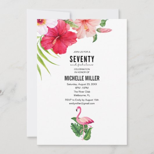 70と素晴らしいピンクフラミンゴ70th誕生日パーティー 招待状 (正面)