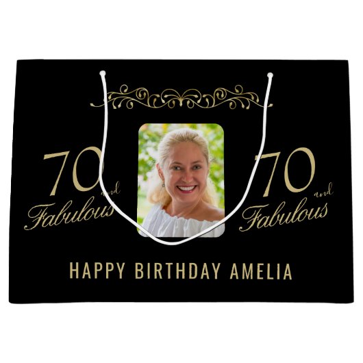 70と素晴らしいブラックオーナメント70th誕生日写真 ラージペーパーバッグ (正面)