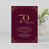 70と素晴らしいブルゴーニュ&金ゴールド書道誕生日 箔招待状 (立ち正面)