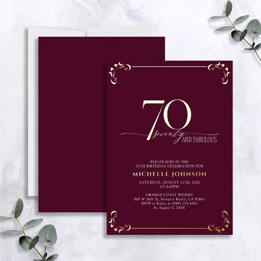 70と素晴らしいブルゴーニュ&金ゴールド書道誕生日 箔招待状