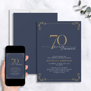 70と素晴らしいブルー&金ゴールド書道誕生日 招待状