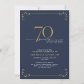 70と素晴らしいブルー&金ゴールド書道誕生日 招待状 (正面)