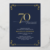 70と素晴らしいブルー&金ゴールド書道誕生日 箔招待状 (正面)