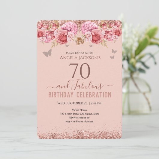 70と素晴らしい大人の誕生日ピンク招待状 招待状 (スタンド正面)