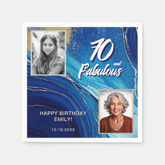 70と素晴らしい大理石グリッター2フォト誕生日 スタンダードカクテルナプキン (正面)
