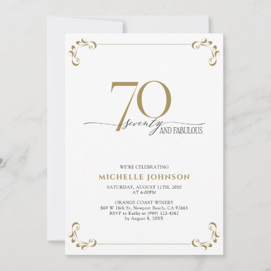 70と素晴らしい白黒と金ゴールド誕生日 招待状 (正面)
