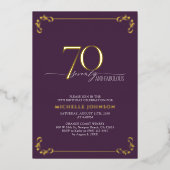 70と素晴らしい紫と金ゴールド書道誕生日 箔招待状 (正面)