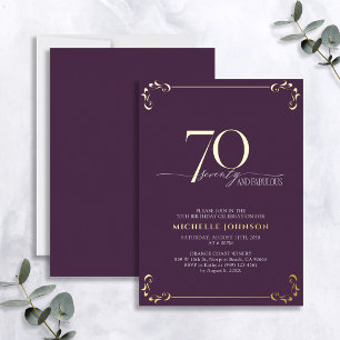 70と素晴らしい紫と金ゴールド書道誕生日 箔招待状