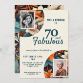 70と素晴らしい花柄2写真誕生日 招待状 (正面/裏面)