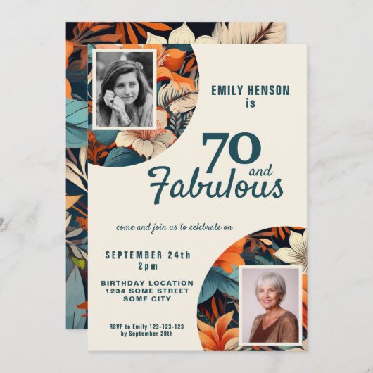 70と素晴らしい花柄2写真誕生日 招待状 (正面/裏面)