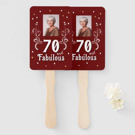 70と素晴らしい葉の赤70誕生日写真 ハンドファン (正面&裏面)