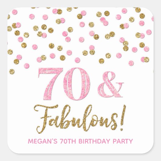 70と素晴らしい誕生日ピンク金ゴールド紙吹雪 スクエアシール (正面)