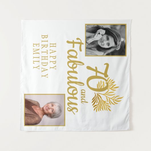 70と素晴らしい金ゴールドの葉2写真誕生日 タペストリー (正面(横))