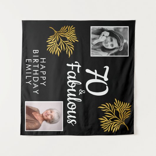 70と素晴らしい金ゴールドの葉2写真誕生日 タペストリー (正面(横))