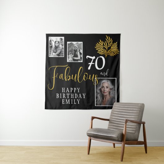 70と素晴らしい金ゴールドの葉3写真誕生日 タペストリー (インサイチュ)