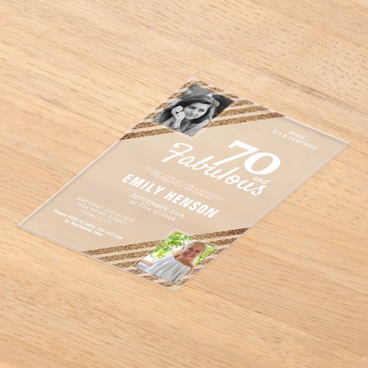 70と素晴らしい金ゴールドグリッター2写真70誕生日 アクリル招待状 (レイダウン)