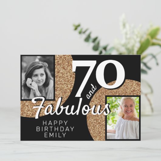 70と素晴らしい金ゴールドグリッター2写真70誕生日 カード (スタンド正面)