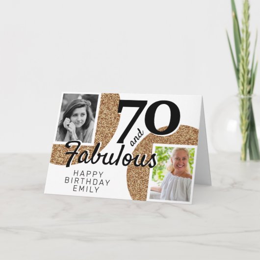70と素晴らしい金ゴールドグリッター2写真70誕生日 カード (正面)